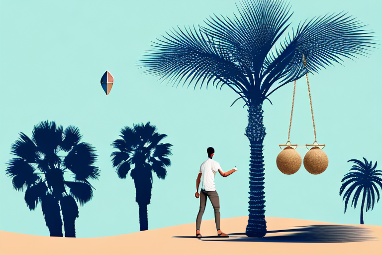 A desert landscape with a palm tree and a symbolic balance scale