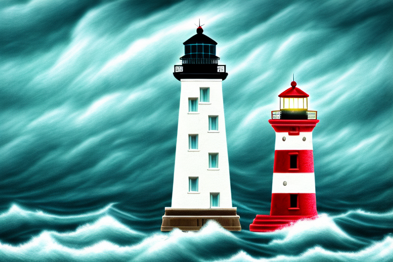 A lighthouse illuminating a symbolic gavel and balance scales
