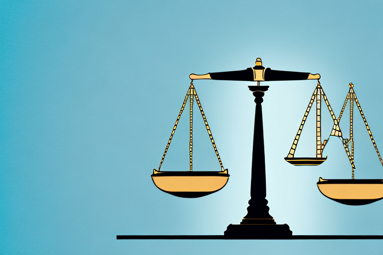 A balanced justice scale with a protective helmet and a gavel on either side