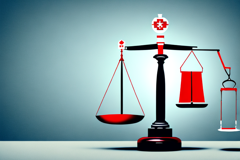 A symbolic balance scale with one side holding a gavel and the other side holding a red medical cross