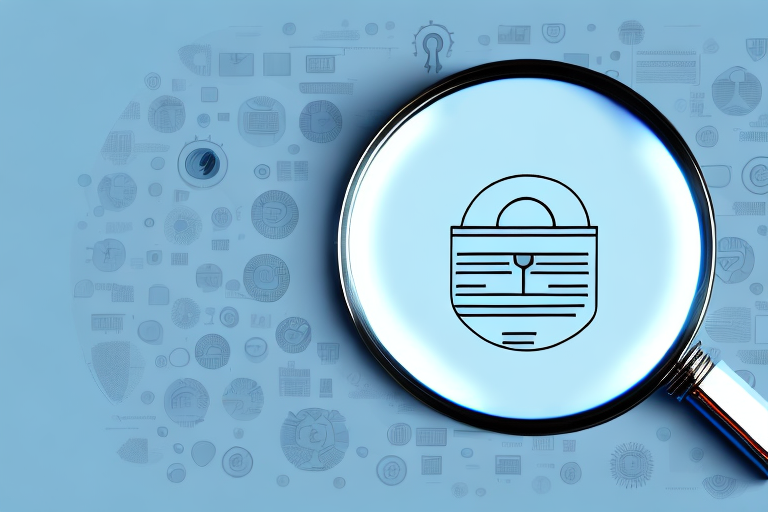 A magnifying glass focusing on a computer screen showing a lock symbol