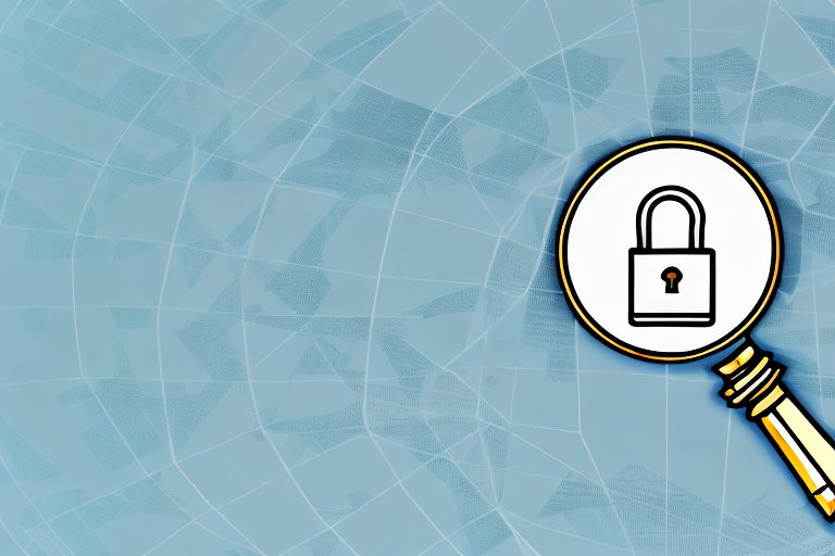 A magnifying glass hovering over a map with a gavel and a symbolic privacy icon (like a padlock) nearby