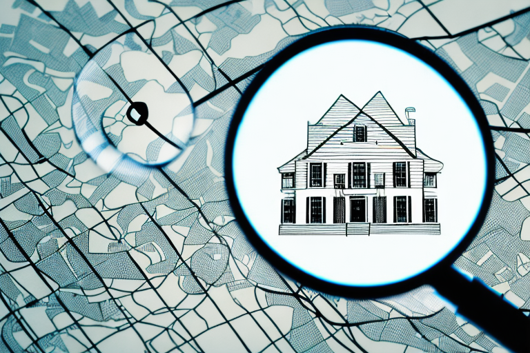 A magnifying glass hovering over a map marked with symbols of houses and law scales