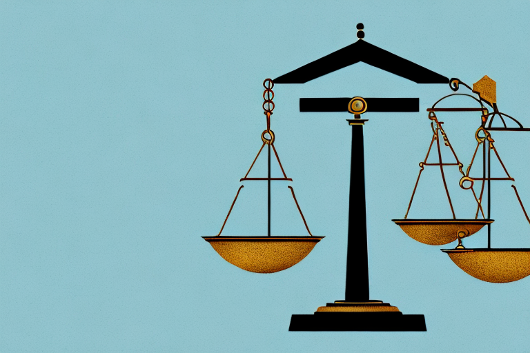 A traditional scale of justice balanced on a house-shaped platform