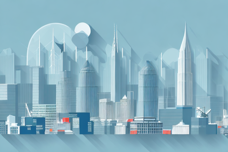 A city skyline made up of various commercial buildings