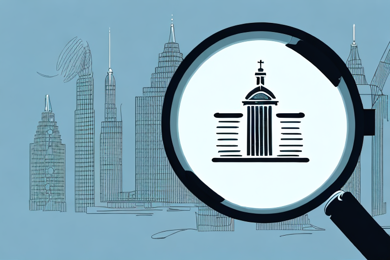 A magnifying glass hovering over a cityscape