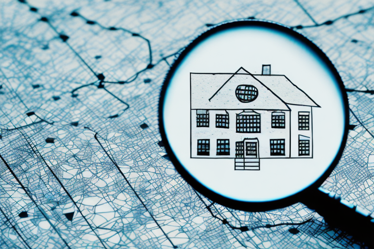 A magnifying glass hovering over a map marked with symbols of houses and a legal balance scale