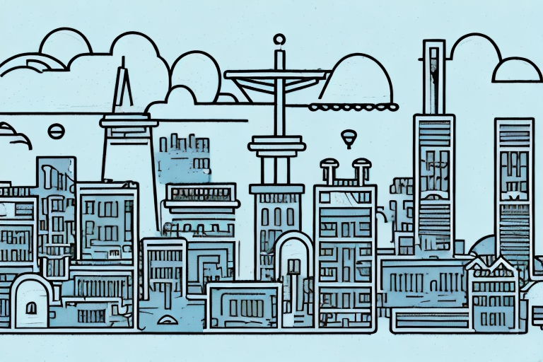 A detailed cityscape of albuquerque with symbolic elements of law and real estate