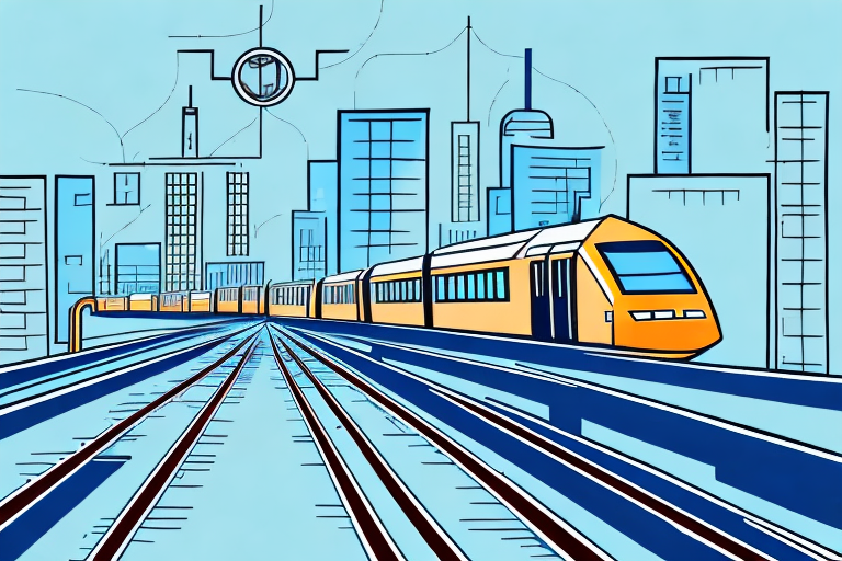 A city metro train on the tracks with legal scales of justice hovering above it