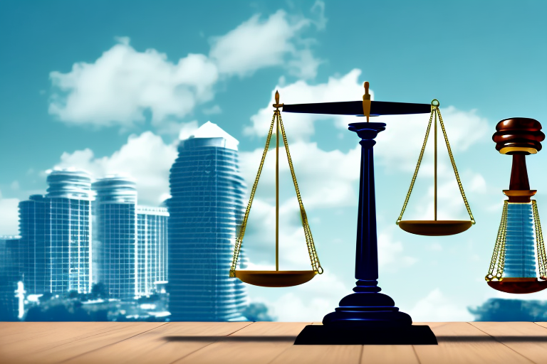 A balanced scale with a house on one side and a gavel on the other