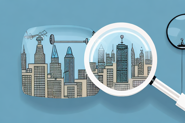 A magnifying glass hovering over a cityscape
