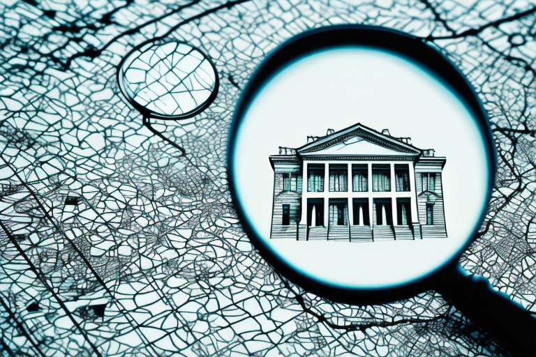 A magnifying glass hovering over a stylized map of cleveland