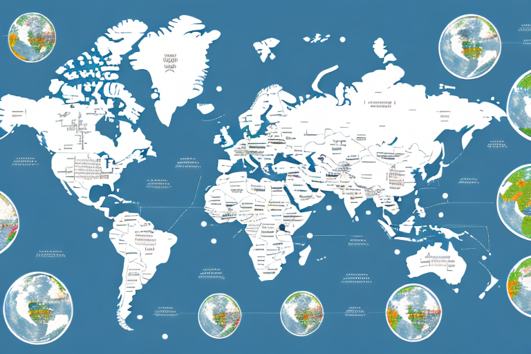 A global map with symbolic icons of houses and legal scales