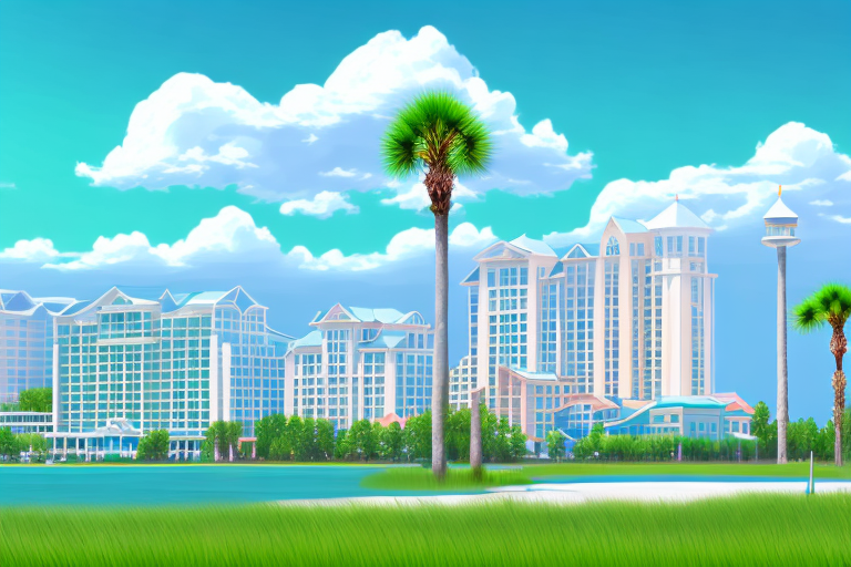 A picturesque myrtle beach landscape with prominent real estate properties and a symbolic justice scale to represent the legal aspect