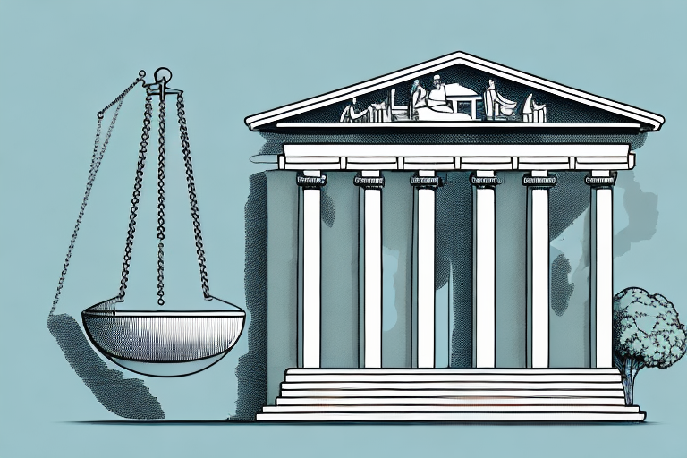 A classic athenian courthouse with a balance scale symbolizing justice in the foreground