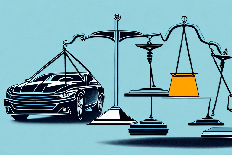 A car accident scene with a justice scale in the foreground