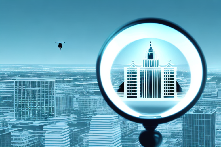 A magnifying glass hovering over a cityscape