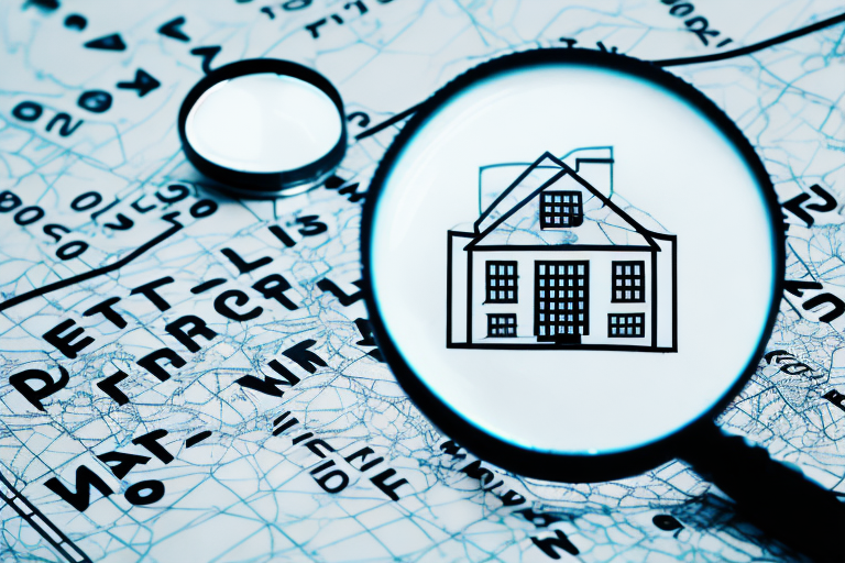 A magnifying glass hovering over a map with symbolic icons for real estate and law scales