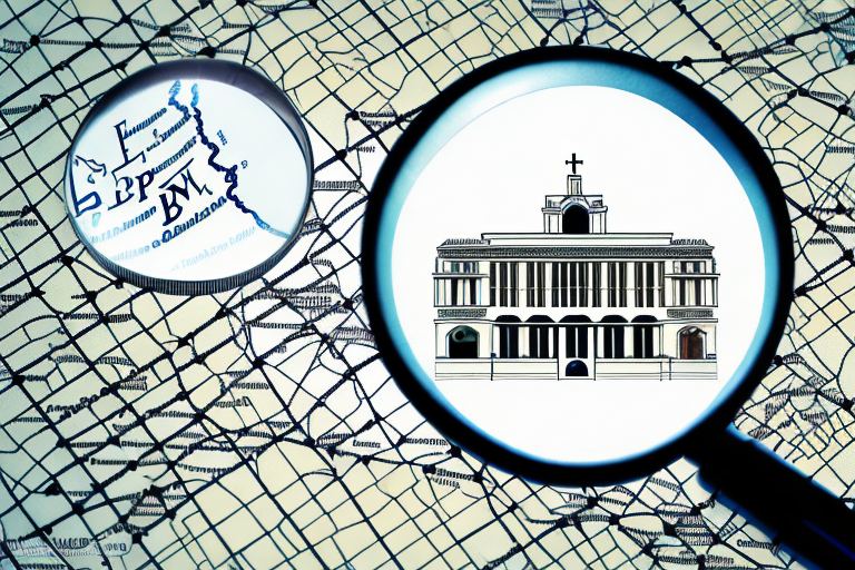 A map of spain with a magnifying glass highlighting a symbolic building representing a law firm or attorney's office