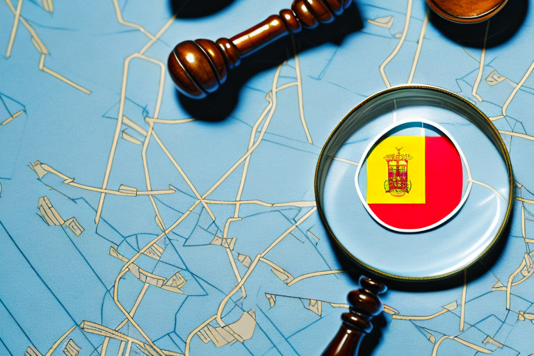 A magnifying glass hovering over a map marked with symbols of a house and a gavel