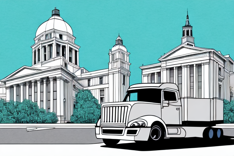 A truck on a sacramento road with a courthouse in the background