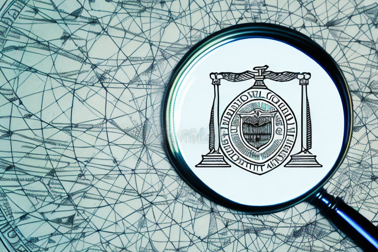 A magnifying glass hovering over a map with symbolic icons of scales representing law and justice