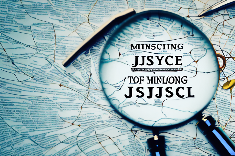 A magnifying glass hovering over a map marked with symbols of scales of justice