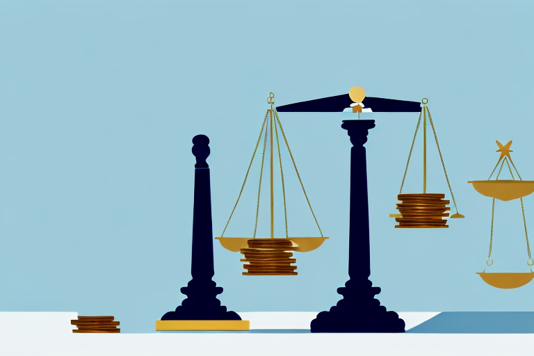A balance scale with stacks of coins on one side and a gavel on the other
