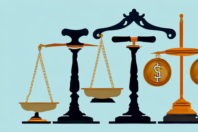 A balanced scale with tax documents on one side and a gavel on the other side