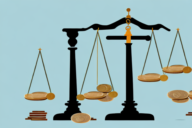 A balance scale with stacks of coins on one side and a gavel on the other