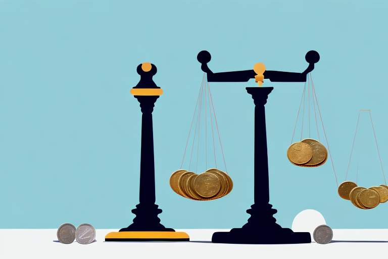 A balance scale with stacks of coins and a gavel on one side
