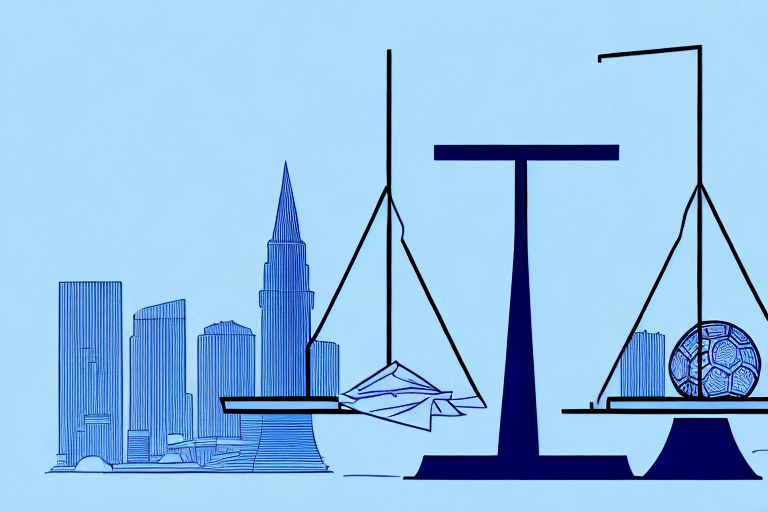 A balanced scale with tax documents on one side and the orlando city skyline on the other
