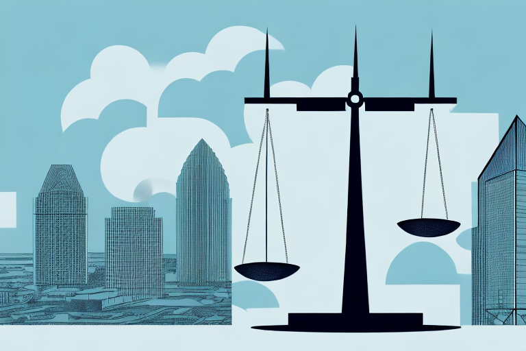 A balanced scale with tax documents on one side and the cityscape of orlando