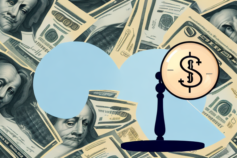 A symbolic balance scale with stacks of money on one side and legal documents on the other