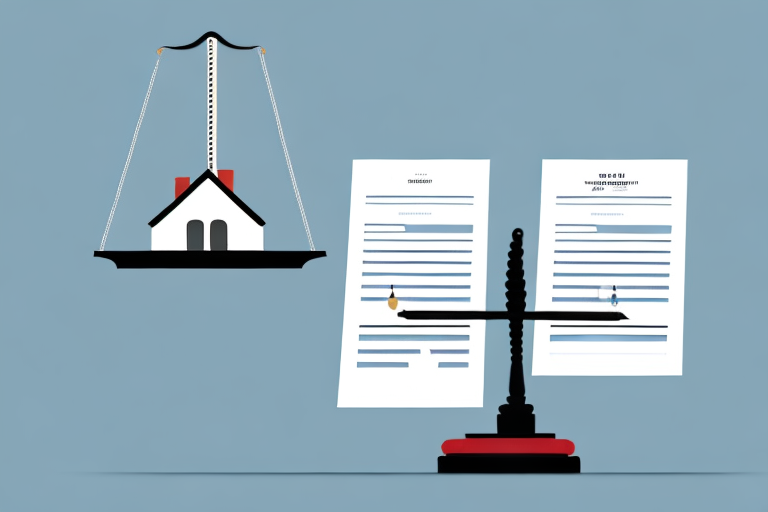 A balance scale with a house on one side and a tax lien document on the other