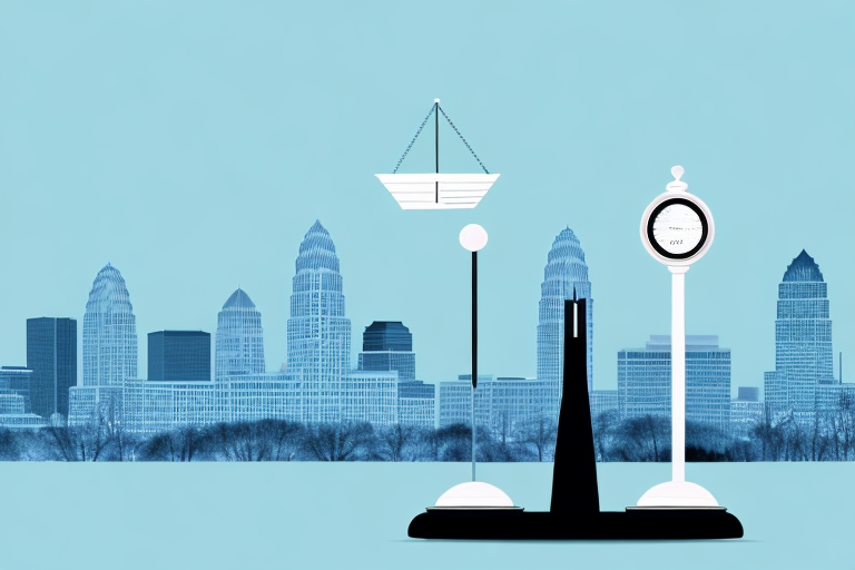 The charlotte skyline with a balance scale in the foreground