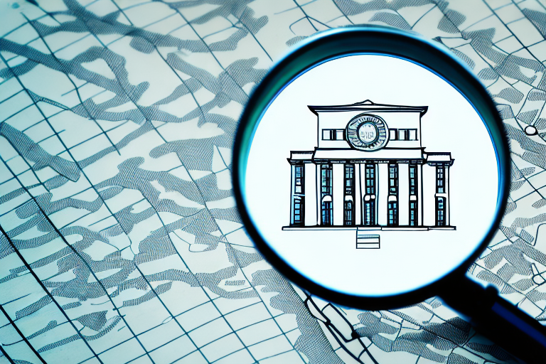 A magnifying glass hovering over a map marked with courthouse and charity symbols