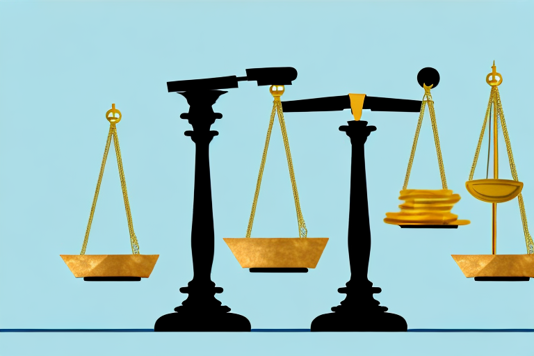 A balanced scale with a stack of money on one side and a gavel on the other