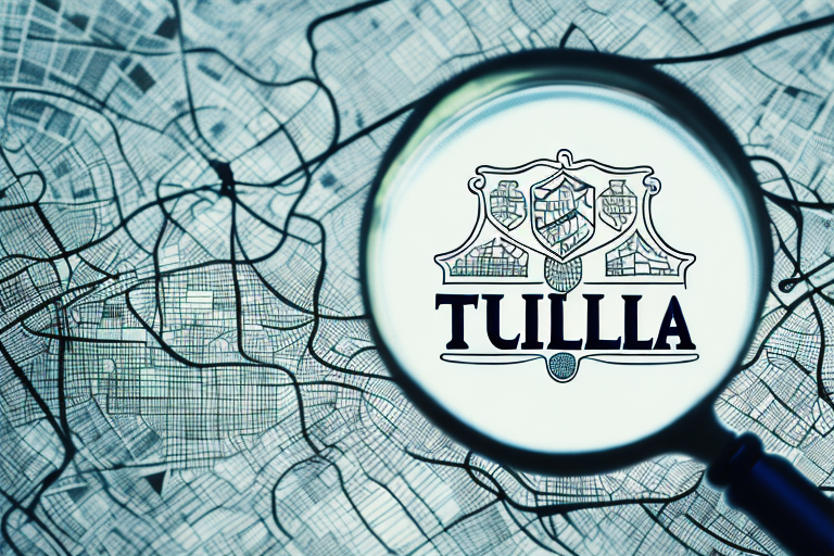 A magnifying glass hovering over a stylized map of tulsa