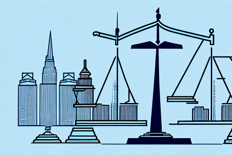 A symbolic scale balancing tax documents and a courthouse