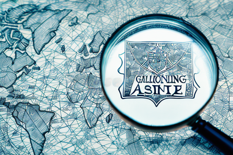 A magnifying glass over a map dotted with symbols of scales and gavels