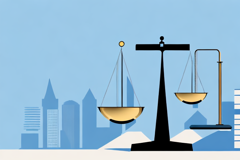 The cincinnati skyline with a balance scale in the foreground symbolizing justice