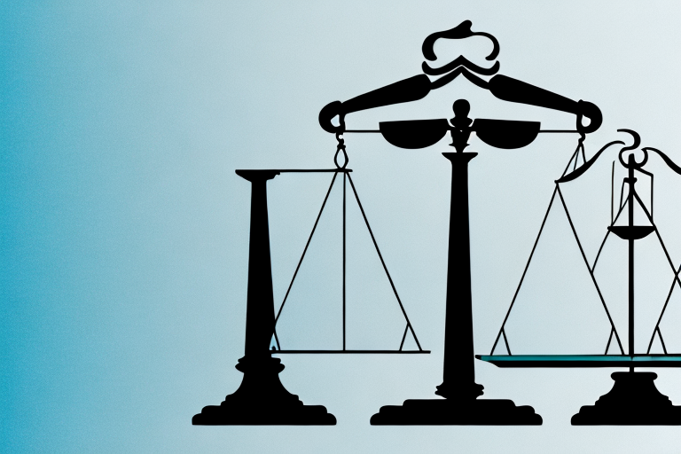 A balanced scale with a stack of tax forms on one side and a gavel on the other