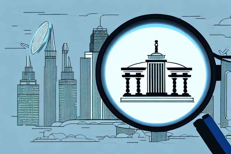 A magnifying glass hovering over a cityscape