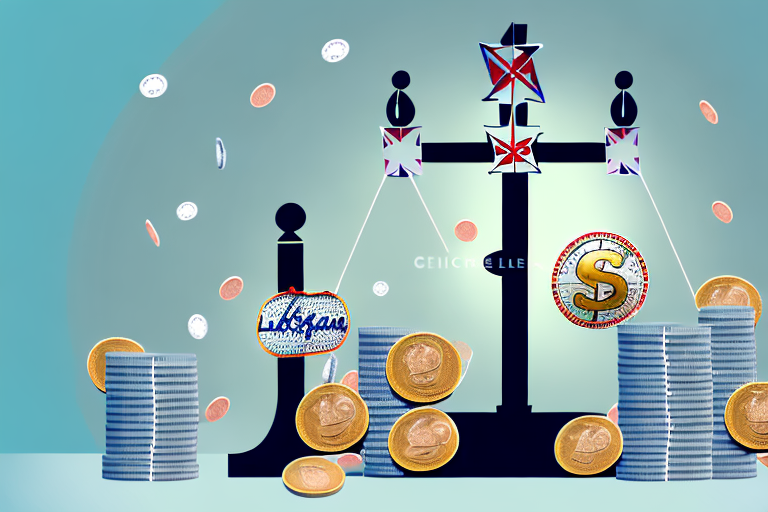 A balance scale with stacks of coins on one side and iconic las vegas elements like poker chips
