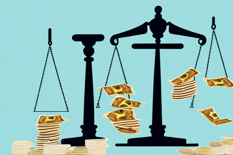 A symbolic justice scale balancing a stack of money and tax forms