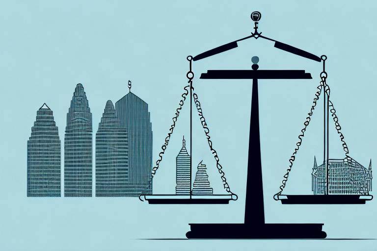 A symbolic balance scale with a briefcase representing a tax attorney on one side and a detailed cityscape of jacksonville