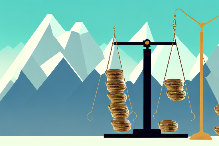 A balance scale with stacks of coins on one side and a courthouse silhouette with denver's mountainous skyline in the background on the other side