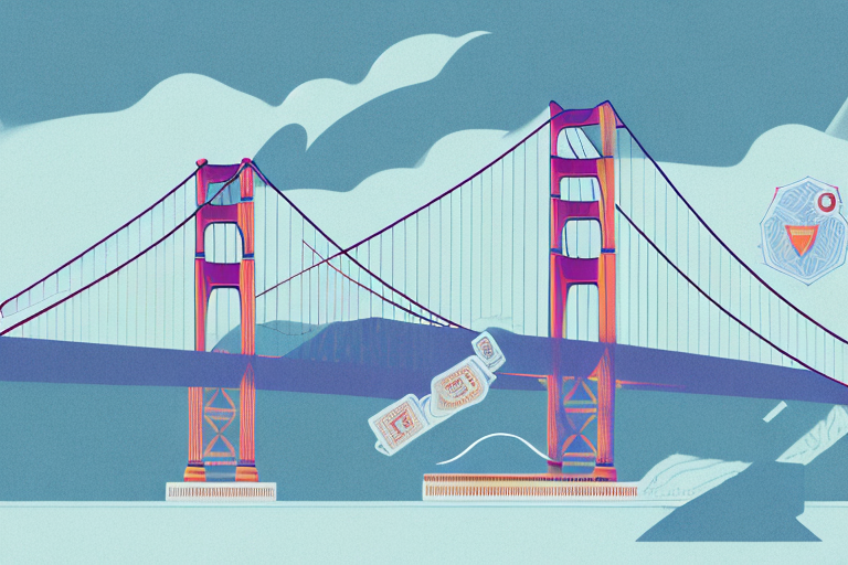 The iconic golden gate bridge with a set of scales symbolizing justice on one side