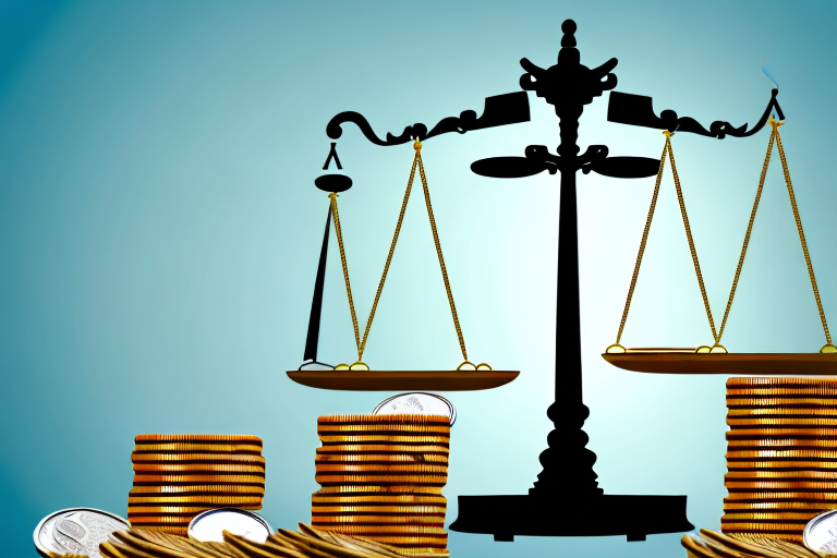 A balanced scale with stacks of coins on one side and a document with a legal seal on the other